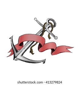 Hand Drawn Anchor with ribbon. Vector stock illustration