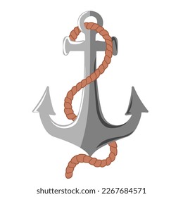 Hand drawn anchor with rope. Mooring vessel to sea bottom. Vector illustration