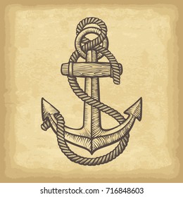 Hand drawn anchor with rope. Old paper texture background. Template for your design works. Engraved style vector illustration.
