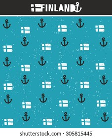 Hand drawn anchor seamless pattern with flag of Finland. Vector doodle textured background - best for the wallpaper, fabric, scrapbooking an so on.