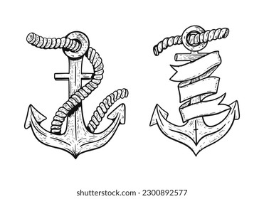 Hand drawn anchor set black sketch art vector illustration.