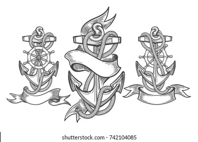 Hand Drawn Anchor Set. Three anchors with ribbons in tattoo style. Vector illustration.