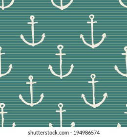 hand drawn anchor silhouette seamless pattern on striped background