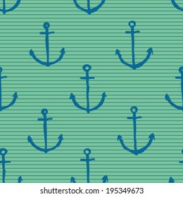 hand drawn anchor silhouette seamless pattern on striped background