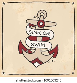 Hand drawn anchor in traditional tattoo style on tea dyed paper vector background. Fully editable vector in well organized layers. 
