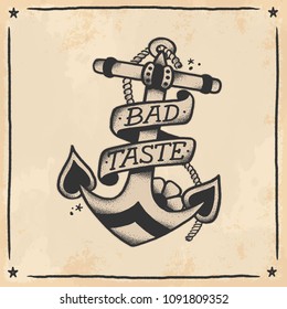 Hand drawn anchor in traditional tattoo style on tea dyed paper vector background. Fully editable vector in well organized layers. 