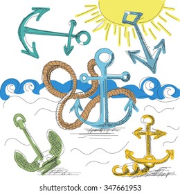 Hand drawn anchors sketch. Like blueprint or technical drawings. Hand drawn vector illustration. 