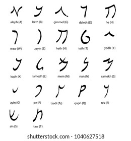 Hand drawn ancient aramaic alphabet , font set, black isolated on white background, vector illustration.