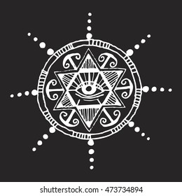 Hand drawn ancient esoteric  symbol on a black background. An eye. Vector illustration.

