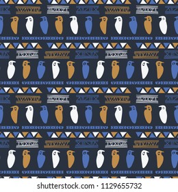 Hand Drawn Ancient Greek Bird Pattern, Seamless Vector Background, Greek Blue Orange Border Texture for Summer Fashion Prints, Boho Wallpaper, Trendy Stationery, Textiles & Cultural Poster Backdrop