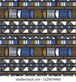 Hand Drawn Ancient Greek Bird Pattern, Seamless Vector Background, Greek Blue Orange Border Texture for Fashion Prints, Boho Wallpaper, Educational Stationery, Textiles & Cultural Poster Backdrops