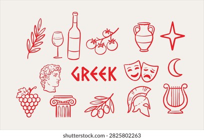 Hand drawn ancient Greek elements featuring spartan helmet, amphora vase, olive branch, grapes, wine, column, and theater masks. minimalist red linework vector icons