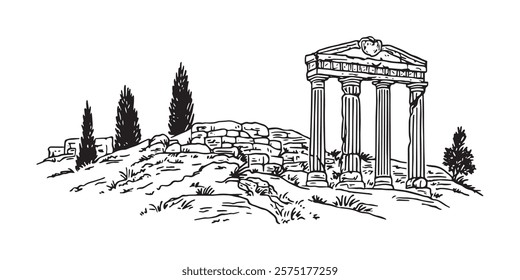 hand drawn ancient greek ruins with columns in black engraving style