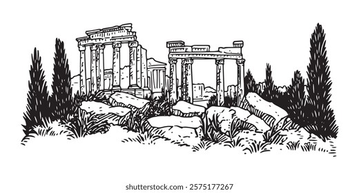 hand drawn ancient greek ruins with broken columns in black sketch style