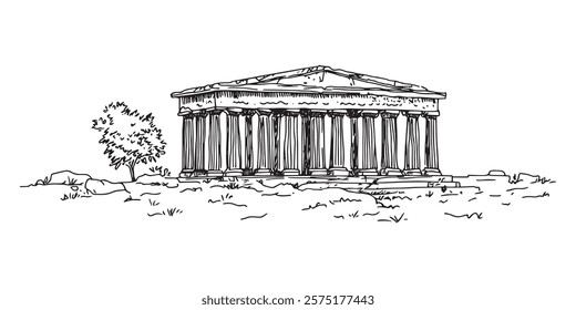 hand drawn ancient greek temple in black outline sketch style