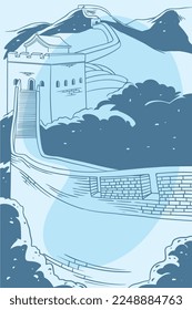 Hand drawn of ancient history building of the great wall of china