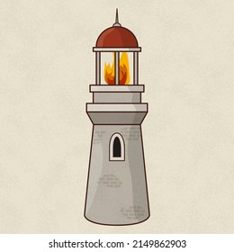 Hand drawn ancient lighthouse. Stone tower with fire on the top. Signal beacon. Medieval seamark with red roof. Element for vintage or fantasy map. 