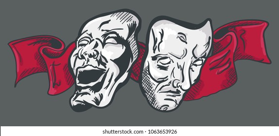 Hand Drawn Ancient Traditional Greek Comedy and Tragedy Masks Costume Isolated. Freehand Outline ink hand drawn Concept Retro Picture.