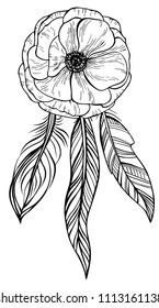 Hand drawn anemone and ethnic feathers isolated on white. Doodle design element for wedding, invitation, save the date, greeting card.