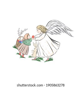 Hand drawn angel. Biblical heavenly symbol of woman with wings. Decor for greeting retro cards for Christmas, Easter and other religious holidays. 