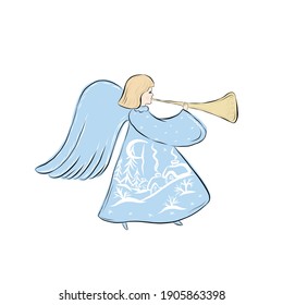 Hand drawn Angel. Biblical heavenly symbol of woman with wings. Decor for greeting retro cards for Christmas, Easter and other religious holidays. 