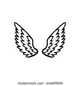 Hand drawn angel or bird wing. Monochrome drawing element  isolated on white background. Vector illustration.