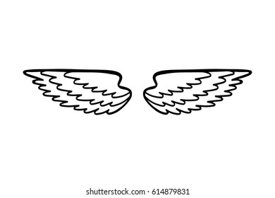 Hand drawn angel or bird wing. Monochrome drawing element  isolated on white background. Vector illustration.