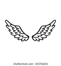 Hand drawn angel or bird wing. Monochrome drawing element  isolated on white background. Vector illustration.