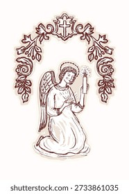 Mão desenhada anjo bênção com vela sentada. Arco de cruz floral cristão. Ilustração vetorial plana isolada para printale religioso. Primeiro batismo, semana santa, casamento, lembrança e vigília fúnebre