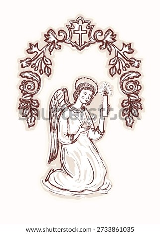 Hand drawn angel blessing with candle sitting. Christian floral cross arch. Isolated flat vector illustration for religious printale. First Baptism,holy week, wedding ,rememrance and funeral vigil