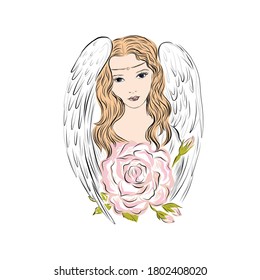 Hand drawn angel. Divine heavenly symbol of the guardian angel of man. Character from Bible, Gospel. Design for Christmas and Easter. Hand drawn clip art