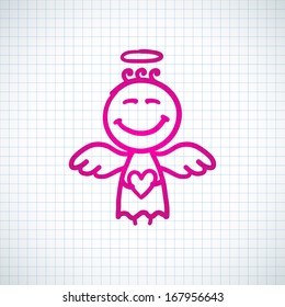 hand drawn angel with heart, vector illustration
