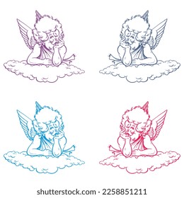 Hand Drawn Angel On A Cloud Vector Illustration