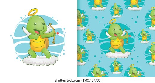Hand drawn of the angel turtle holding the love arrow on the cloud in the set pattern of illustration