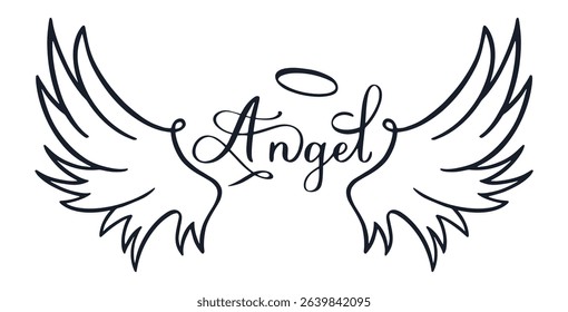 Hand drawn angel wings adorned with a halo and accompanied by elegant handwritten lettering symbolize divine beings, embodying themes of spirituality, purity, and celestial grace