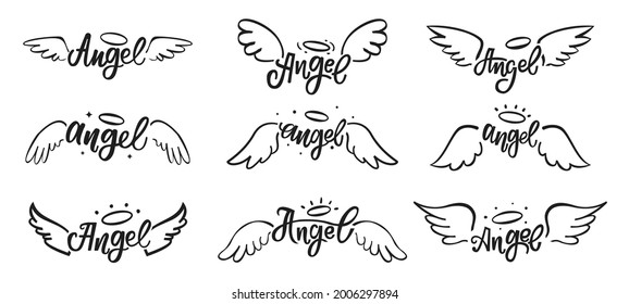 Hand drawn angel wings doodles. Holy angelic wing feathers tattoo with lettering. Magical bird wings with halo outline sketch vector set. Flying fantasy creature with nimbus isolated on white