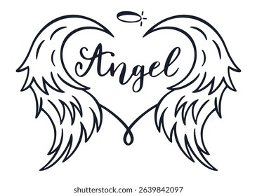 Hand drawn angel wings forming a heart shape, accompanied by a halo and elegant lettering, embodying themes of love, spirituality, and divine protection in a unique design