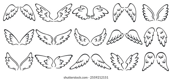 Hand drawn angel wings. Graphic silhouette holy icons. Decorative flying elements. Bird limbs with feathers. Simple lines. Angelic innocence aureole. Celestial saint