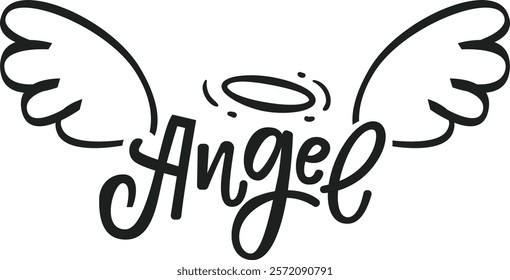 Hand drawn angel wings and a halo gracefully hovering above stylish cursive lettering spelling angel, creating a captivating and symbolic design reflecting spirituality and hope