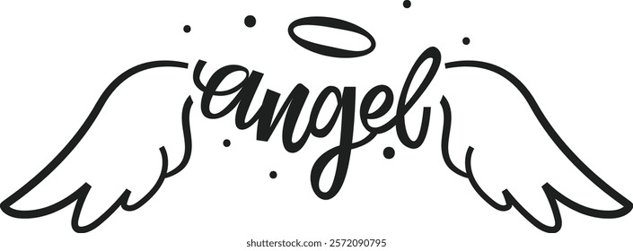 Hand drawn angel wings and halo soaring gracefully alongside handwritten lettering spelling angel, creating a simple yet elegant design that evokes a sense of spirituality and hope