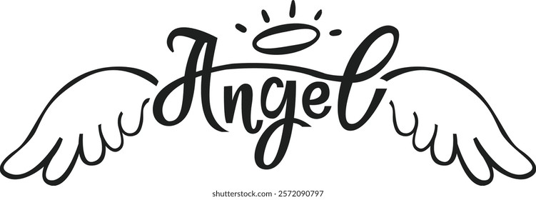 Hand drawn angel wings and a halo soaring gracefully above the elegantly scripted word Angel create a harmonious design, symbolizing spirituality, faith, and hope