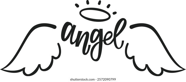 Hand drawn angel wings and halo, accompanied by the elegantly floating word angel, symbolize spiritual beings and divine messengers, embodying purity, love, and hope