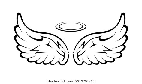 Hand drawn angel wings and nimbus. Vector wings sketch isolated on white background. Minimal style drawing for tattoo, icon, engraving, sign, symbol, logo. Vector illustration