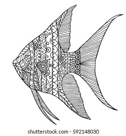 Hand drawn angelfish isolated on white background in zen tangle style. Made by trace from sketch. Vector illustration. Ornamental pattern for coloring book page.