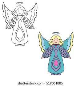 Hand drawn angels for coloring book on christmas term on isolated background
