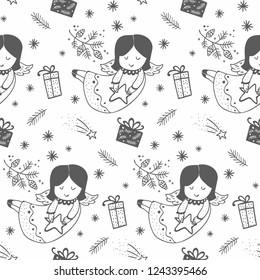 Hand drawn angels with star in hands and gifts seamless pattern. Christmas doodle background. Wrapping paper for gifts. Surface design vector illustration.