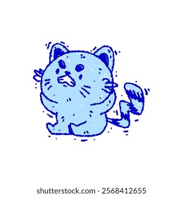 Hand drawn Angry Blue cat in doodle style. Funny sketch cartoon animals and pets. Vector line illustration isolated on white background