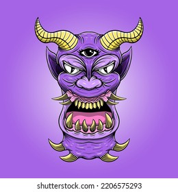 Hand drawn angry monster with horn and sharp teeth