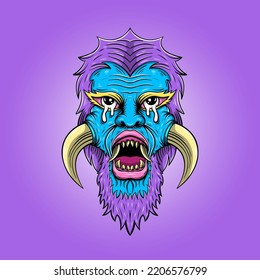 Hand drawn angry monster with horn and sharp teeth