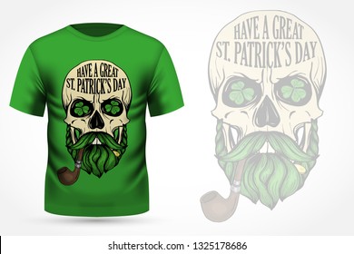 Hand Drawn Angry Skull Of Leprechaun On T-shirt. Vector Illustration, EPS 10